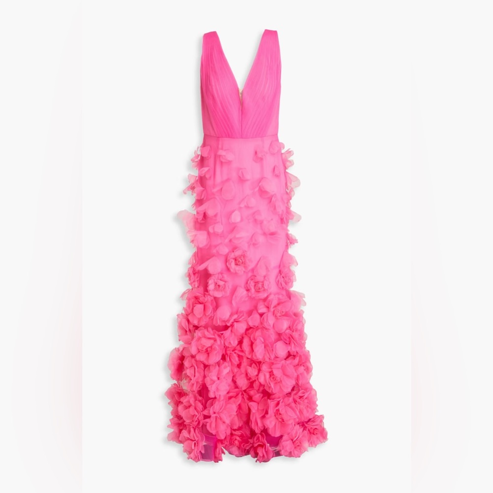 Marchesa Notte Appliquéd pintucked organza gown